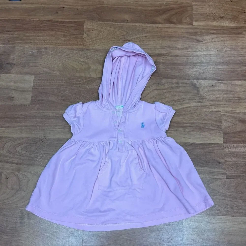 Ralph Lauren Girl Puff Sleeve Hooded Half Button Front Mini Dress Pink Size 18M